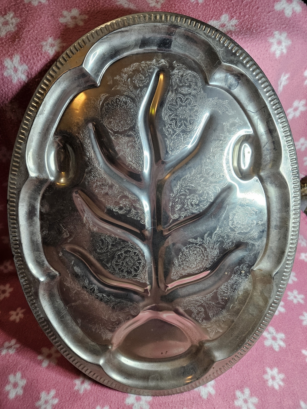 Vintage Silver-Tone Leaf Design Serving Tray 18" - Hong Kong